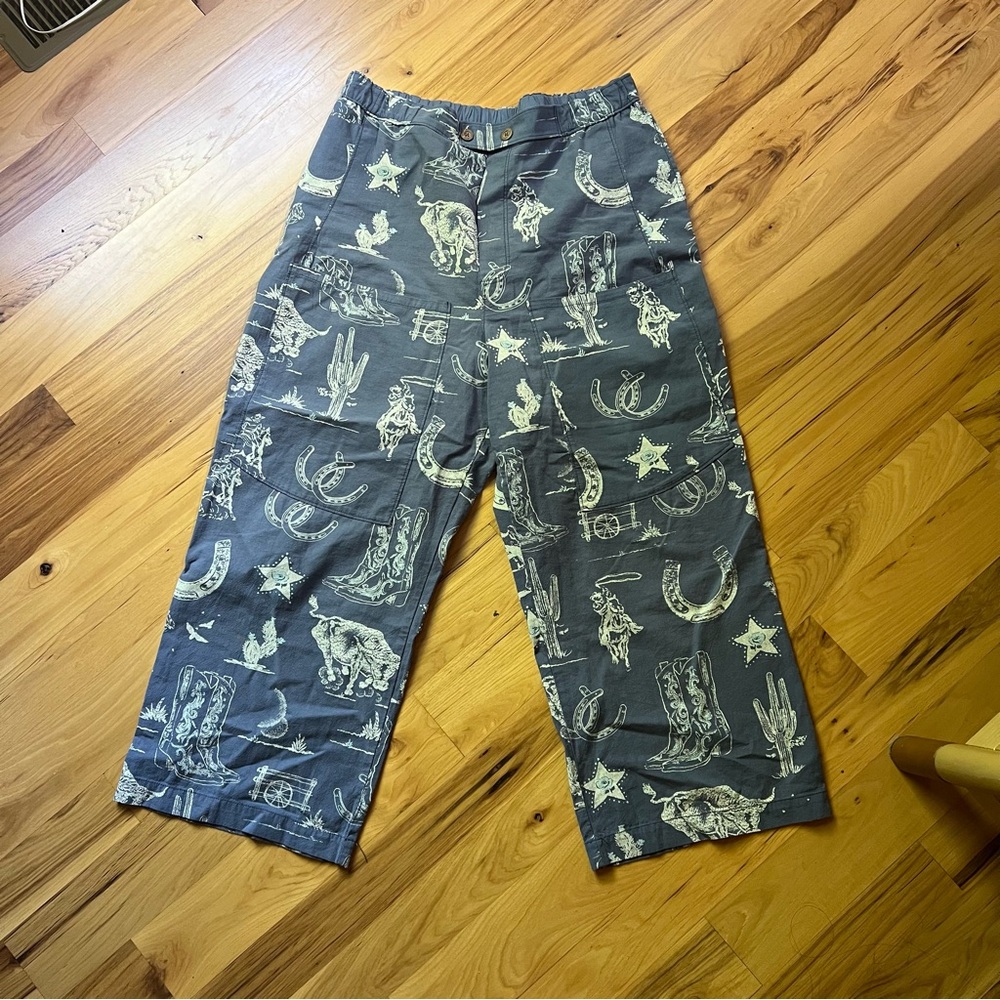 Free People Wide Leg Crop Pants in Navy with White Western Print